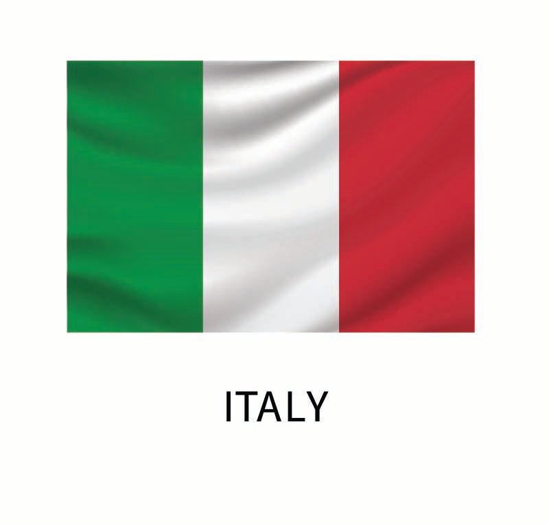 A Flags of the World Decals featuring three vertical stripes in green, white, and red, with the word "Italy" below, available as a custom size decal from Cover-Alls.