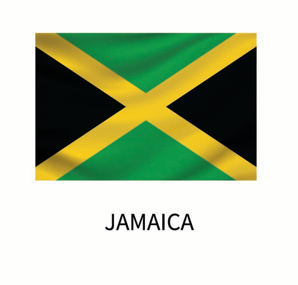 Flag of Jamaica featuring a diagonal yellow cross dividing black triangles at the top and bottom, and green triangles on the left and right sides, with the word "Jamaica" below, available as a Cover-Alls Flags of the World Decal.