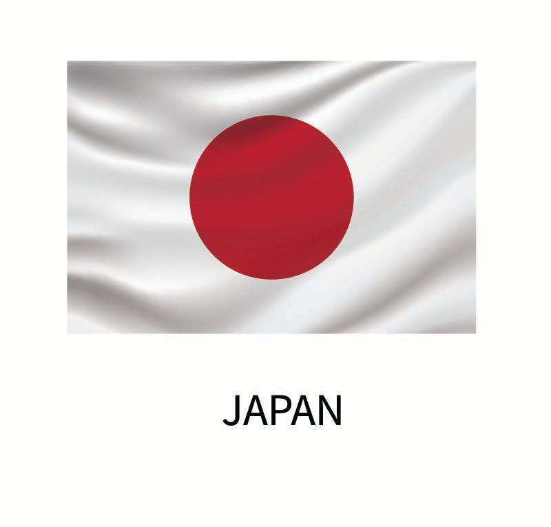 A waving flag of Japan featuring a central red circle on a white background, with the word "Japan" at the bottom and a Cover-Alls Flags of the World Decal.