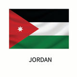 Flag of Jordan with a horizontal black, white, and green stripe, overlaid by a red triangle containing a white star. The word 
