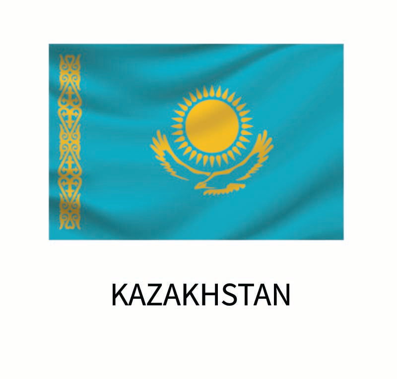 Flag of Kazakhstan featuring a golden sun with 32 rays above a golden steppe eagle, centered on a sky-blue background with a vertical national ornamental pattern on the hoist and available as Cover-Alls Flags of the World Decals.