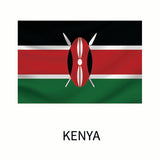Illustration of the national flag of Kenya, featuring horizontal black, white-edged red, and green stripes with a central white Maasai shield and two crossed spears. This is available as a Cover-Alls Flags of the World Decals.
