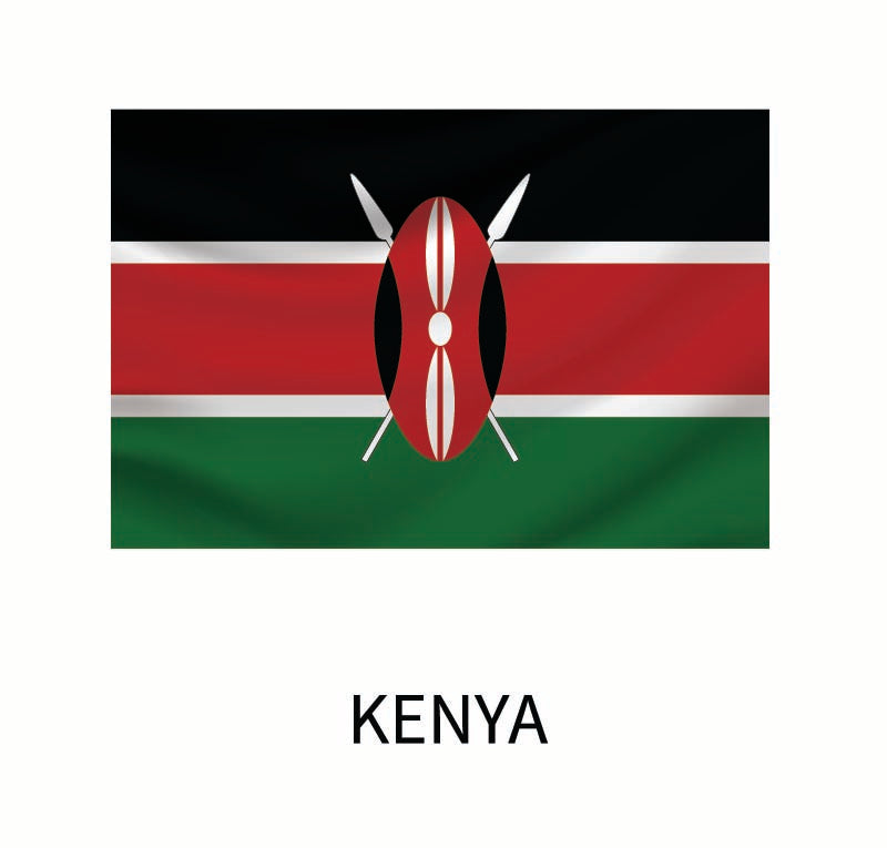 Illustration of the national flag of Kenya, featuring horizontal black, white-edged red, and green stripes with a central white Maasai shield and two crossed spears. This is available as a Cover-Alls Flags of the World Decals.