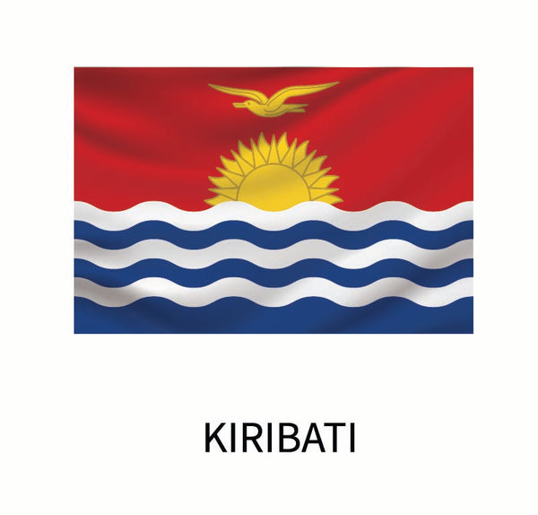 Flag of Kiribati featuring a rising sun above blue and white waves with a yellow frigatebird flying overhead, labeled "Kiribati" below on a Cover-Alls Flags of the World Decal.