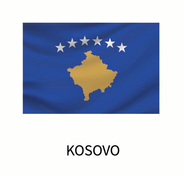 Cover-Alls Flags of the World Decals of Kosovo with a map and six white stars above it, displayed against a blue background as a custom size decal.