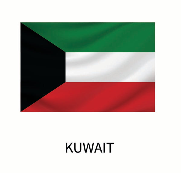 Flag of Kuwait featuring a horizontal layout with green, white, and red stripes, and a black trapezoid on the left side, available as a Cover-Alls Flags of the World Decal.