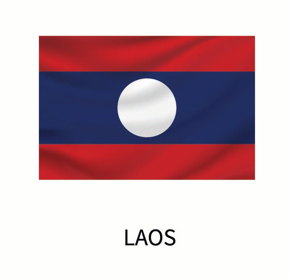 Flag of Laos featuring three horizontal stripes in red, blue, and red with a white circle centered on the blue stripe. This Cover-Alls Flags of the World Decal is perfect for adding a unique touch to any space.