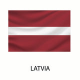 Flag of Latvia, consisting of three horizontal stripes, two dark red separated by a thinner white stripe, with the word 