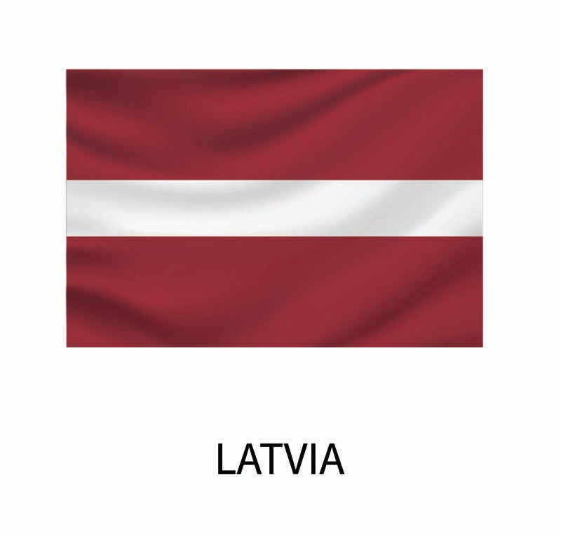 Flag of Latvia, consisting of three horizontal stripes, two dark red separated by a thinner white stripe, with the word "Latvia" below, available as a Cover-Alls Flags of the World Decals.