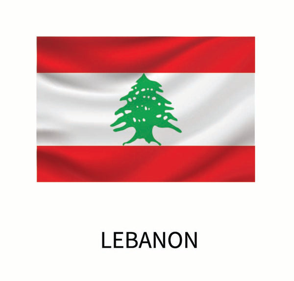 The Flags of the World Decals of Lebanon, featuring a large green cedar tree in the center flanked by two horizontal red stripes and a white stripe, is available as a custom size decal from Cover-Alls.