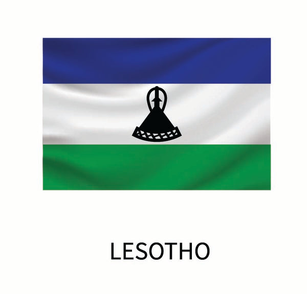 Flag of Lesotho, featuring horizontal blue, white, and green stripes with a black traditional Basotho hat centered on the white stripe and available as a Cover-Alls Flags of the World Decals.