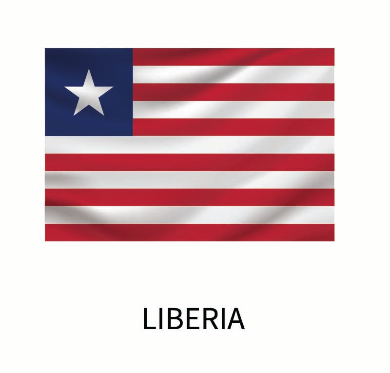 Flag of Liberia, featuring a blue square with a white star and horizontal red and white stripes, labeled "Liberia" below, available as part of the Cover-Alls Flags of the World Decals collection.