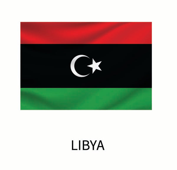 The Cover-Alls Flags of the World decal of Libya: a horizontal triband of red, black (with a white crescent and star), and green, with "Libya" labeled below.