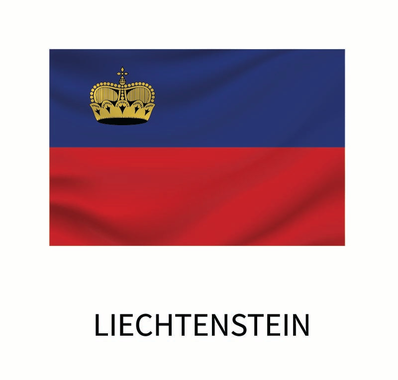 Flag of Liechtenstein: two horizontal bands of blue (top) and red, with a gold crown in the upper left corner on a Cover-Alls Flags of the World Decals.