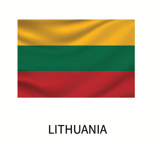 Flag of Lithuania with horizontal stripes in yellow, green, and red, and the word "Lithuania" below it, available as a Cover-Alls Flags of the World Decal.