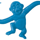 A blue plastic toy monkey with long, curved arms extended outward, decorated with playful Cover-Alls Decals’ Barrel of Monkeys Decals.