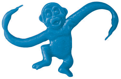 A blue plastic toy monkey with long, curved arms extended outward, decorated with playful Cover-Alls Decals’ Barrel of Monkeys Decals.