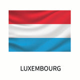 Flag of Luxembourg displayed with horizontal stripes of red, white, and light blue, captioned below with the country name 