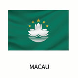 Flag of Macau featuring a green background with a white lotus above a stylized bridge and water, flanked by five yellow stars. This is available as one of the Cover-Alls Flags of the World Decals.