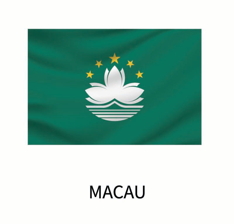 Flag of Macau featuring a green background with a white lotus above a stylized bridge and water, flanked by five yellow stars. This is available as one of the Cover-Alls Flags of the World Decals.