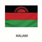 Flag of Malawi with a black, red, and green horizontal tricolor and a red rising sun on a black stripe, labeled 