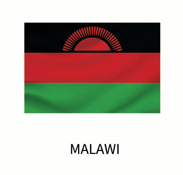 Flag of Malawi with a black, red, and green horizontal tricolor and a red rising sun on a black stripe, labeled "Malawi" below, available as a Cover-Alls Flags of the World Decals.