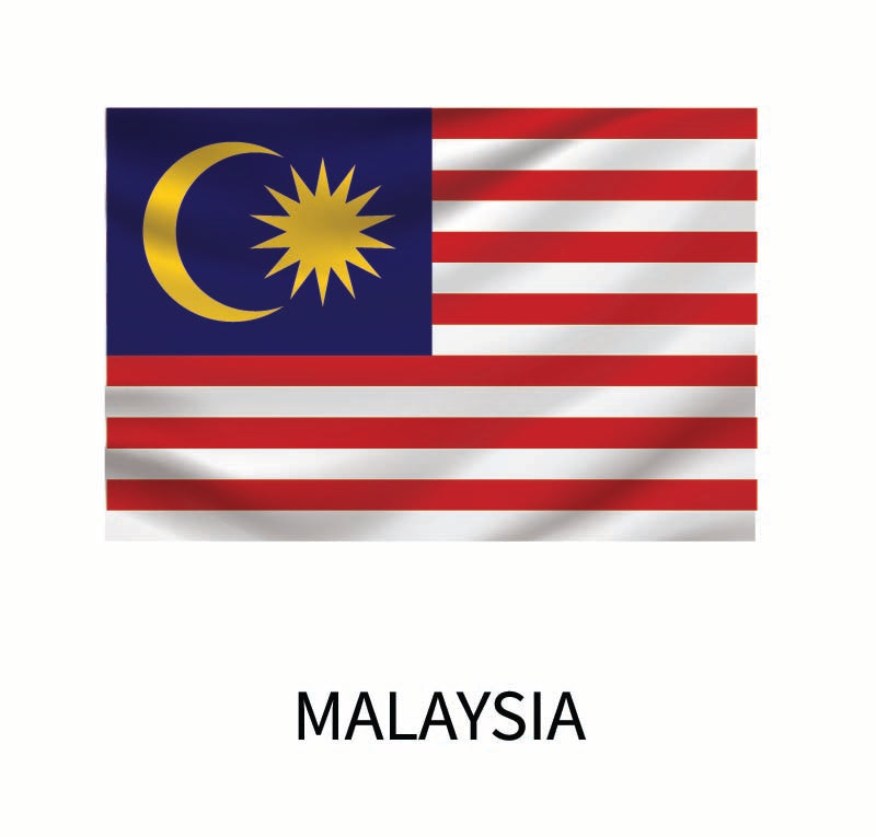 The Cover-Alls Flags of the World Decals of Malaysia, featuring a blue canton with a crescent and a 14-point star, and 14 horizontal red and white stripes. The word "Malaysia" is displayed below.