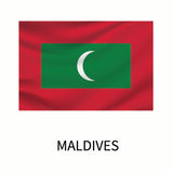 Flag of Maldives on a wavy background with a white crescent moon on a green rectangle in the center, and the word 