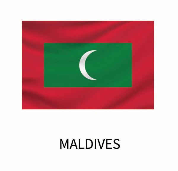 Flag of Maldives on a wavy background with a white crescent moon on a green rectangle in the center, and the word "Maldives" below as part of our Cover-Alls Flags of the World Decals collection.
