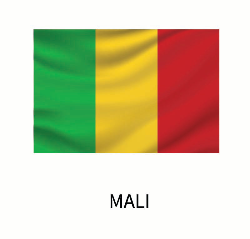 The national flag of Mali, depicted on a Cover-Alls Flags of the World Decals, features three vertical stripes in green, yellow, and red, with the word "Mali" below.