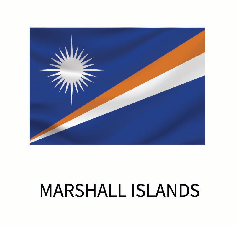 Flag of the Marshall Islands prominently featuring a white star against a blue background with diagonal orange and white stripes, available as a Cover-Alls decal.