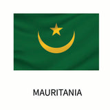 Flag of Mauritania featuring a green background with a golden crescent and star centered. Below, the 