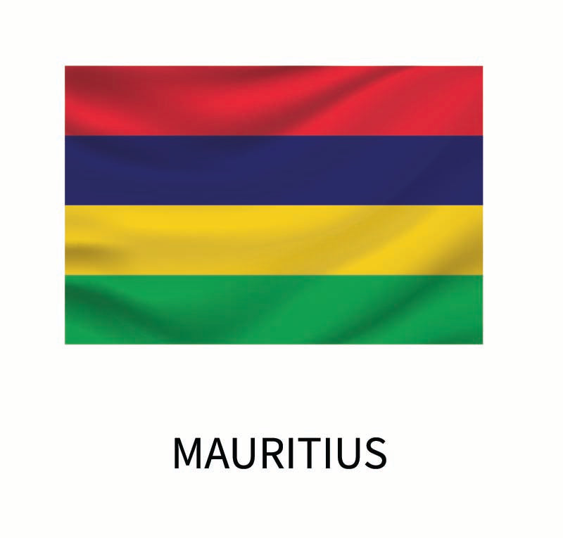 Flag of Mauritius featuring four horizontal stripes in red, blue, yellow, and green colors, with the name "Mauritius" below, available as a custom size Cover-Alls Flags of the World Decal.