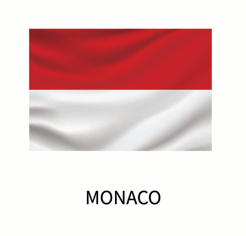 Flags of the World Decals by Cover-Alls depicted with two horizontal stripes, top red and bottom white, with the word "Monaco" below it on a white background, available as a custom size decal.