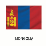 Flag of Mongolia featuring vertical stripes in red and blue with a yellow Soyombo symbol on the left stripe, labeled 