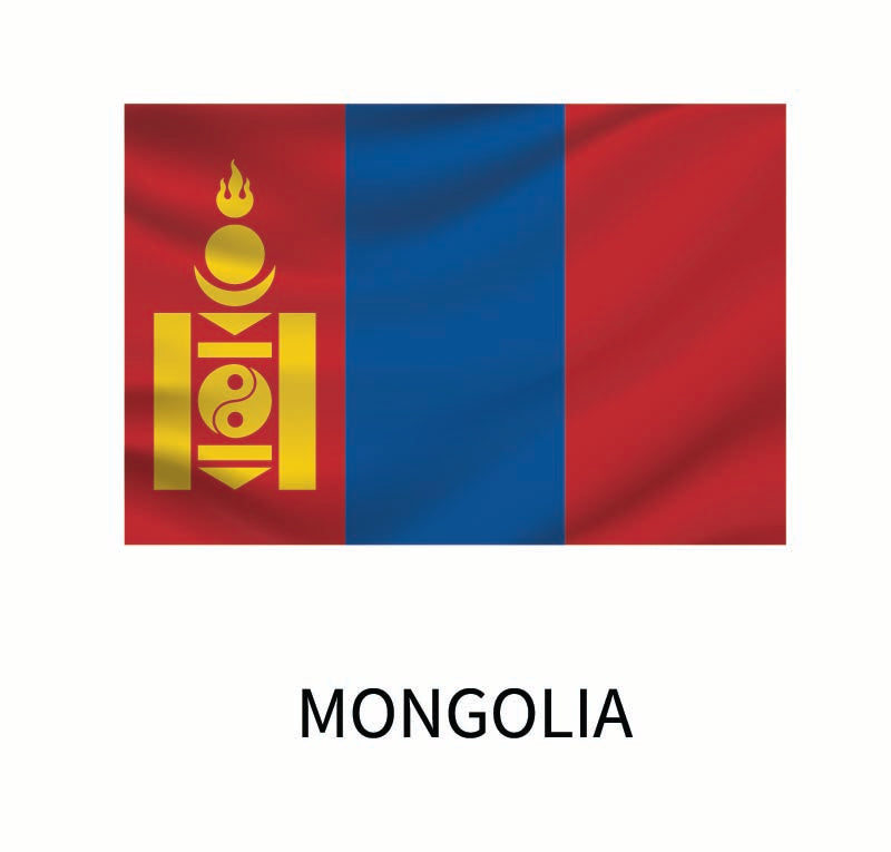 Flag of Mongolia featuring vertical stripes in red and blue with a yellow Soyombo symbol on the left stripe, labeled "Mongolia" below as part of the Cover-Alls Flags of the World Decals collection.