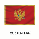 National flag of Montenegro featuring a red field with a golden border and a double-headed eagle emblem in the center, displayed above the country's name on a Cover-Alls Flags of the World Decals.