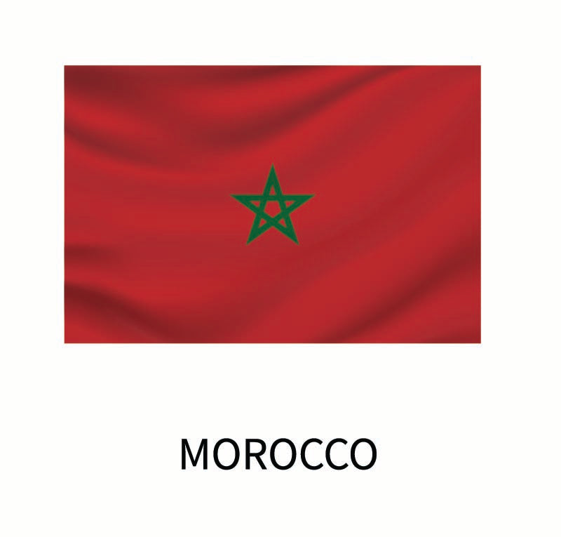 Flag of Morocco featuring a red background with a green pentagram in the center, displayed above the word "Morocco" on a Cover-Alls Flags of the World Decals.