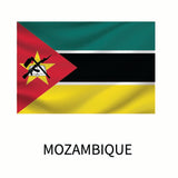 Cover-Alls Flags of the World Decals of Mozambique featuring horizontal bands of green, black, and yellow with a red triangle bearing a yellow star, rifle, and hoe on the left, and the word 