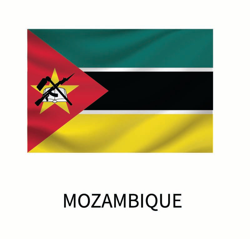 Cover-Alls Flags of the World Decals of Mozambique featuring horizontal bands of green, black, and yellow with a red triangle bearing a yellow star, rifle, and hoe on the left, and the word "Mozambique" below