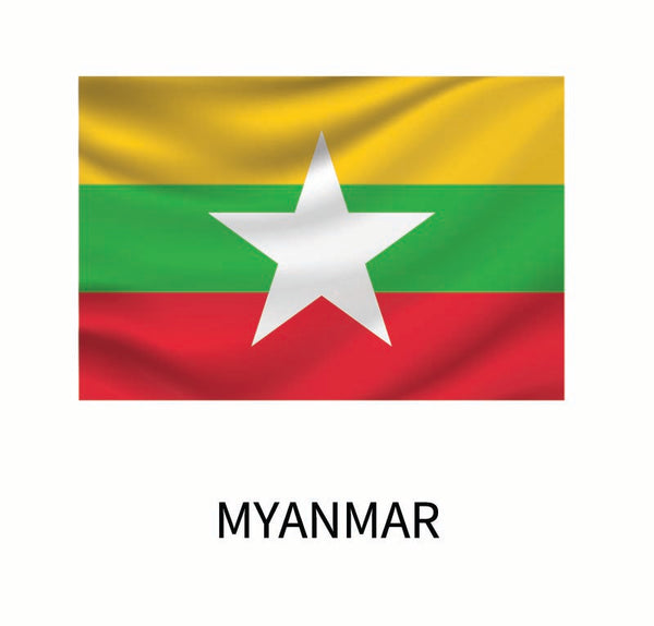 Cover-Alls Flags of the World decals featuring the flag of Myanmar with horizontal stripes of yellow, green, and red and a large white star at the center.