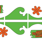Green wavy stickers and orange flowers from the Cover-Alls Mystery Machine Kit, perfect Scooby Doo van decals, shown on a white background.