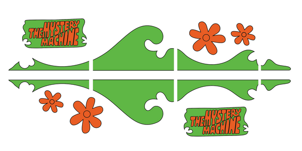 Green wavy stickers and orange flowers from the Cover-Alls Mystery Machine Kit, perfect Scooby Doo van decals, shown on a white background.