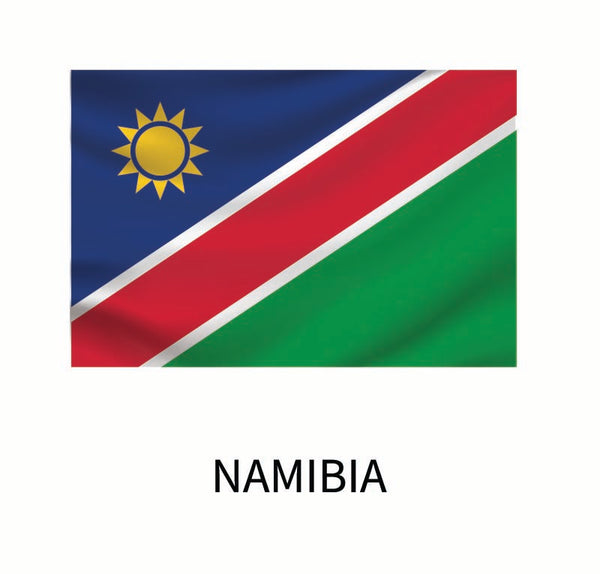 The Cover-Alls "Flags of the World" decal of Namibia consists of diagonal blue, red, and green sections with a yellow sun on the blue band, captioned "Namibia.