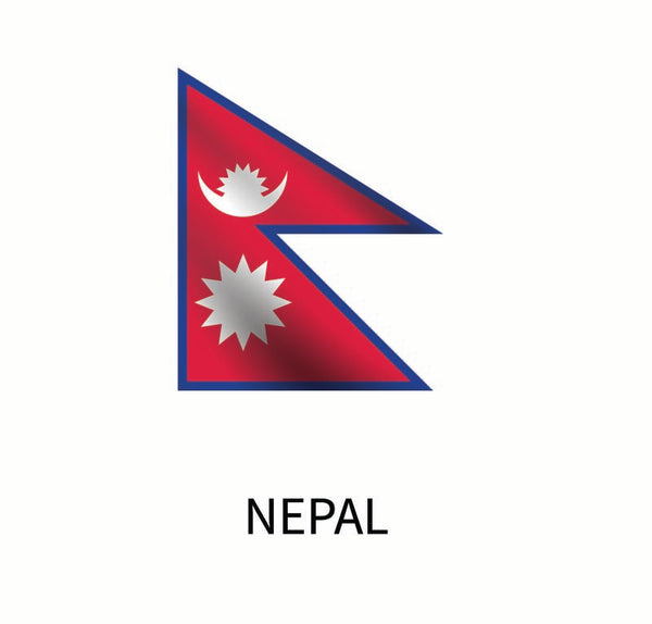 Flag of Nepal with a sun and crescent moon emblem on a blue-bordered red field, showcasing its unique non-rectangular design in the form of a Cover-Alls Flags of the World Decals.