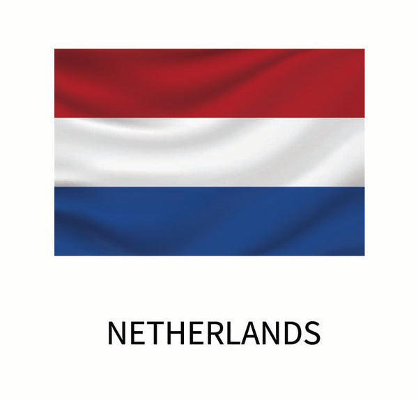 Flag of the Netherlands displayed with horizontal bands of red, white, and blue, with the word "Netherlands" below it on a Cover-Alls Flags of the World Decal.