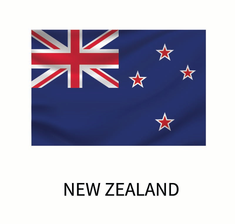 Flag of New Zealand featuring the Union Jack and four red stars with white borders on a blue background, captioned "New Zealand" below, available as a Cover-Alls Flags of the World Decal in custom size.