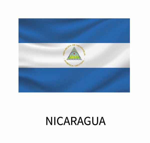 Flag of Nicaragua featuring horizontal blue and white stripes with the national coat of arms centered on the white stripe, and the word "Nicaragua" below, offered as a Cover-Alls Flags of the World Decal.