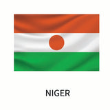 Flag of Niger featuring three horizontal stripes of orange, white with a central orange circle, and green, with the country name 