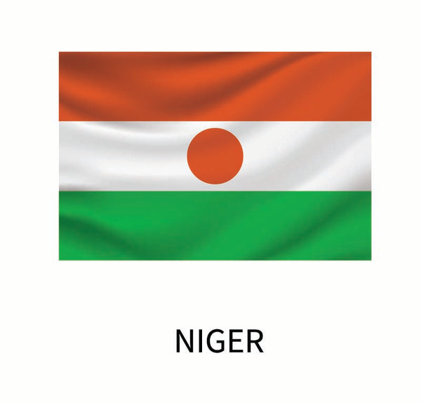 Flag of Niger featuring three horizontal stripes of orange, white with a central orange circle, and green, with the country name "Niger" below as a Cover-Alls Flags of the World Decals.